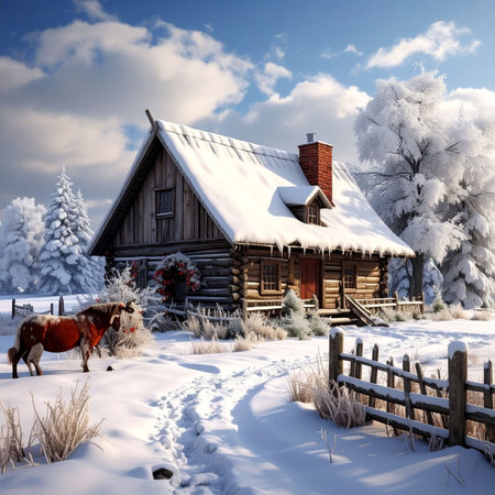 Beautiful winter landscape with a wooden house and horses in the snowの素材