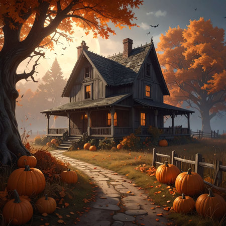 Halloween background with old wooden house, pumpkins and autumn treesの素材
