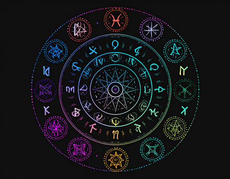 Astrological symbols in the circle. Zodiac signs. Vector illustration.の素材