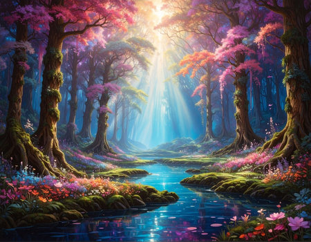 Beautiful fantasy landscape with forest and river. Digital art painting.の素材