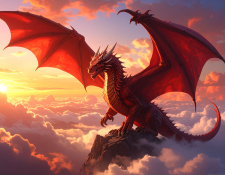 dragon on the top of the mountain at sunset. 3d renderの素材
