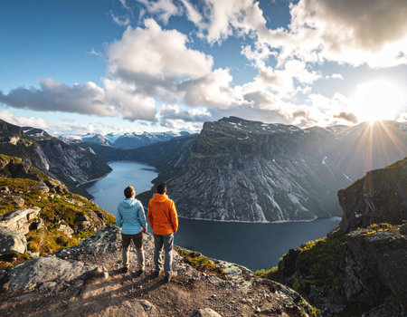 Couple hiking in Norway, Scandinavia, Europe. Beautiful nature landscape.の素材