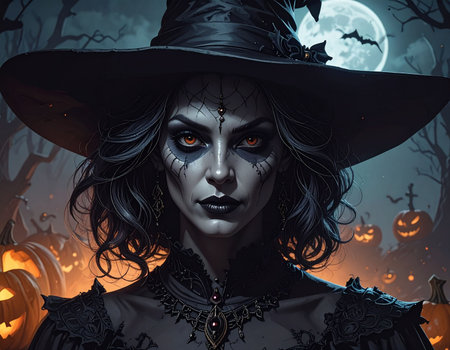 Portrait of a beautiful witch woman in a witch costume. Halloween.の素材