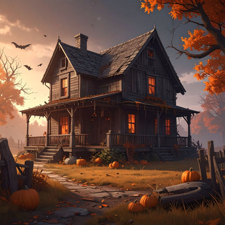 Halloween background with old wooden house and pumpkins, 3d renderの素材
