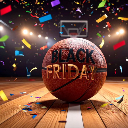 Black Friday basketball ball with confetti on wooden floor. 3D renderingの素材