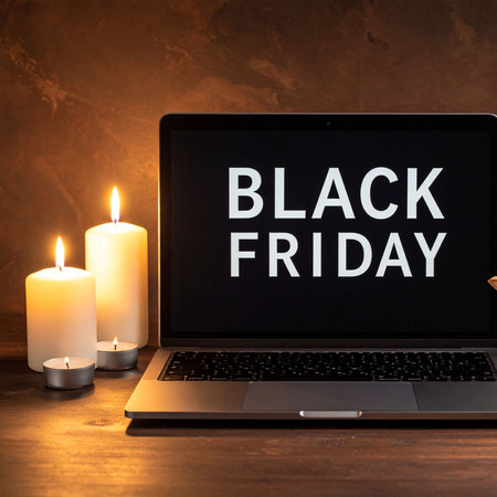 Black Friday sale text on laptop screen and candles on wooden table.の素材
