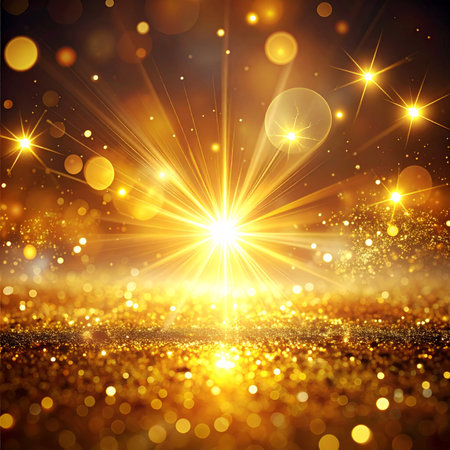 abstract gold background with bokeh defocused lights and starsの素材