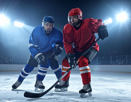 Ice hockey players on the ice in action. The concept of sportの写真素材