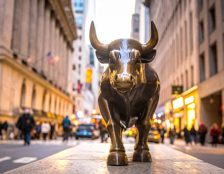 Bronze bull statue in Manhattan.の写真素材