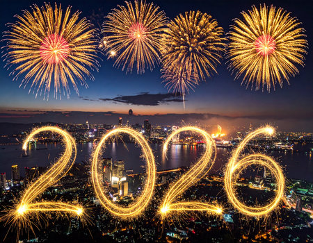 Happy new year with firework over the cityscape at nightの写真素材