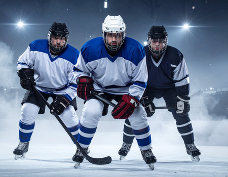 Ice hockey players on ice, hockey rink background. The concept of sport, hobby, competition.の写真素材