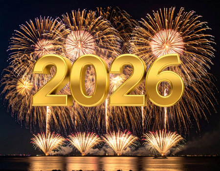 Happy new year written with Sparkle firework on night sky backgroundの写真素材