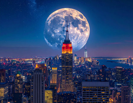New York City Manhattan midtown skyline at night with full moon.の写真素材