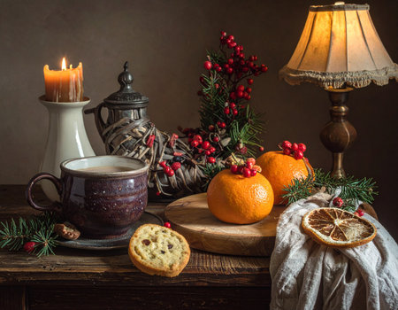 Christmas still life with cup of hot cocoa, tangerines, gingerbread and candlesの写真素材