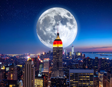 The Empire State Building and New York City skyline at night with full moon.の写真素材