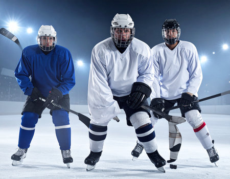 Ice hockey players on the ice of a hockey stadium, toned imageの写真素材