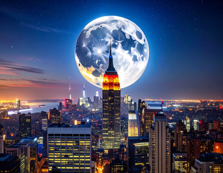 New York City skyline at night with full moon.の写真素材