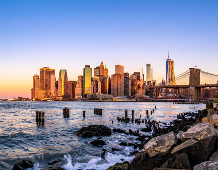 Manhattan skyline at sunset, New York City, United States.の写真素材