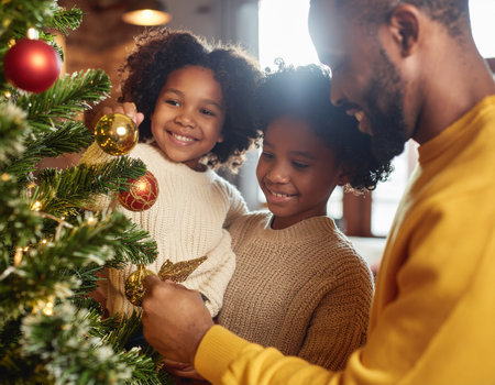 family, christmas, holidays and people concept - happy family decorating christmas tree at homeの素材