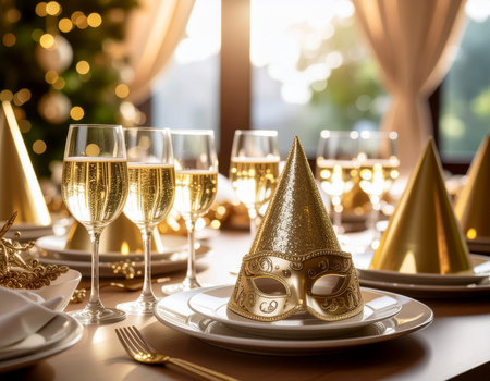 Christmas or New Year table setting with glasses of champagne, mask and decorationsの素材