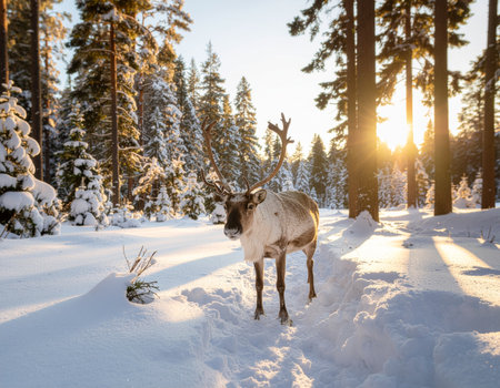 Reindeer in winter forest at sunset. Beautiful winter landscape.の素材