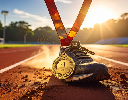 Athlete gold medal and running shoes on the running track.の素材