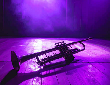 Trumpet in the stage with smoke and rays of light on the floorの素材