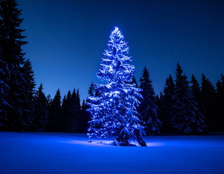 Beautiful Christmas tree in the forest at night, winter landscape.の素材