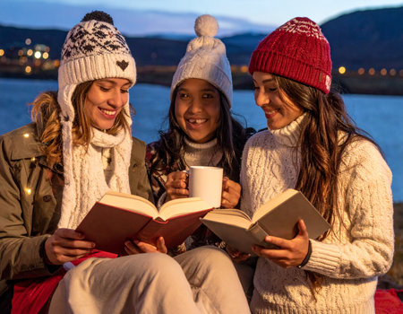 Group of friends reading a book and drinking coffee on a winter eveningの素材