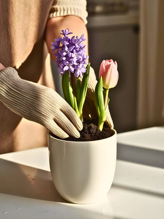 woman's hands in gloves transplanting hyacinths into a potの素材