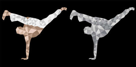 Capoeira man does high kick acrobatics . Au batido capoeira mouvment. Low poly design vector illustrationのイラスト素材