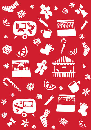Christmas fair market vector design. Hot wine xmas pattern. mugs, boots cinnamon lemon in red background.のイラスト素材