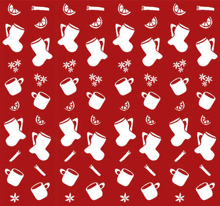 Christmas fair market vector design. Hot wine xmas pattern. mugs, boots cinnamon lemon in red background.のイラスト素材