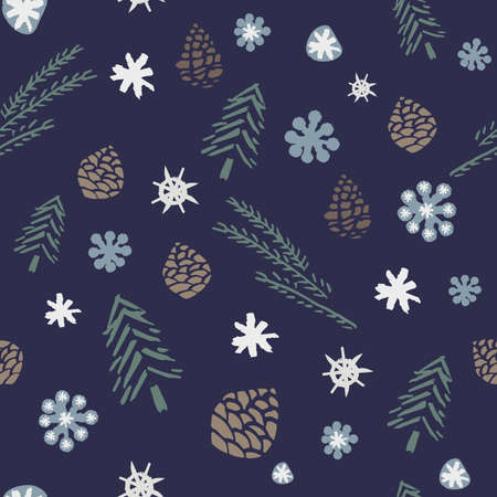 Christmas seamless pattern with pine, snow, star, pine cone. unique hand drawn vector illustration...