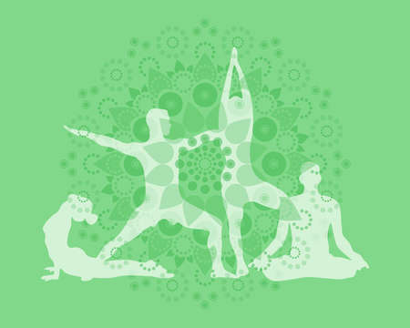 Silhouette of yoga asanas, poses in front of green healing mandala, Vector illustrationのイラスト素材
