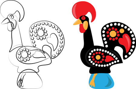 Galo de Barcelos. Portuguese rooster vector illustration icon in colors and black line art.のイラスト素材