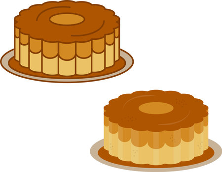 Flan pudding with caramel and vanilla topping. Typical brazilian, portuguese, spanish, latin american condensed milk dessert. Vector icon set with outline and colored illustrationのイラスト素材