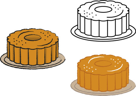 Bundt cake, kuglof or Gugelhupf ring cake. Round sweet dessert vector illustration icon in colorful and black outlineのイラスト素材