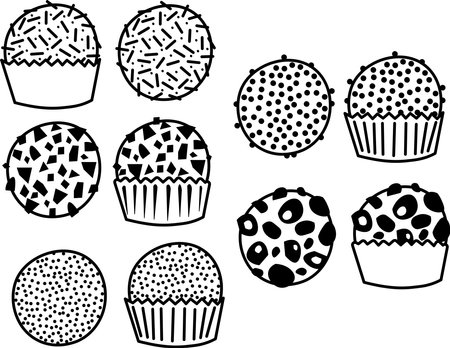 Chocolate balls with coconut, almond and candy topping in black outline style. Brigadier vector illustration icons.のイラスト素材