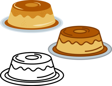 Flan pudding with caramel and vanilla topping. Typical brazilian, portuguese, spanish, latin american condensed milk dessert. Vector icon set with black outline and colored illustrのイラスト素材