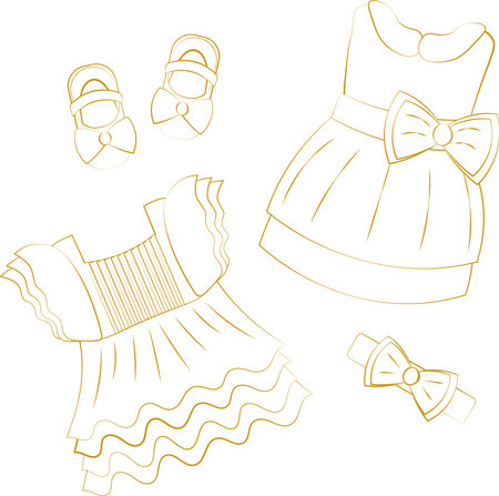 Baby girl wedding, baptism clothes, dress, shoes, band in gold outline doodle style. Cute wedding and baptism dress for ceremony. Vector illustration icon set.のイラスト素材