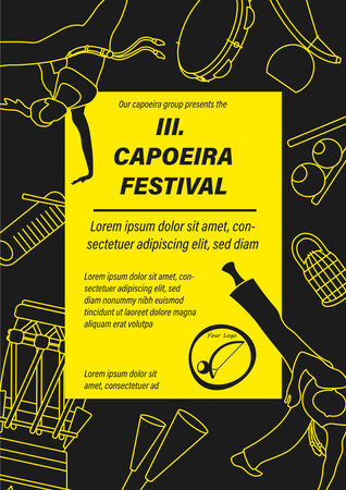 Black and yellow capoeira event banner, poster, background. Vector illustration print template for capoeira festivals and trainings with music instruments and capoeira movements.のイラスト素材