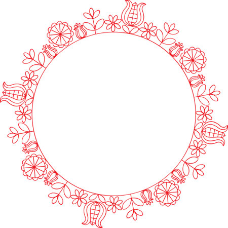 Beautiful hungarian embroidery motives in red color in circle. Vector illustration of traditional handmade art from Kalotaszeg village. Decorative flower pattern designのイラスト素材
