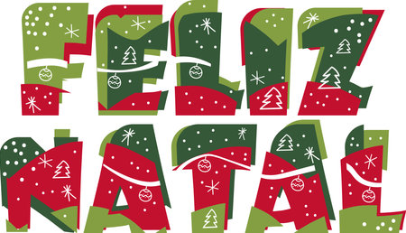 Merry Christmas text word greetings in portuguese language. Feliz Natal greeting text in red and green colors with christmas doodles.のイラスト素材