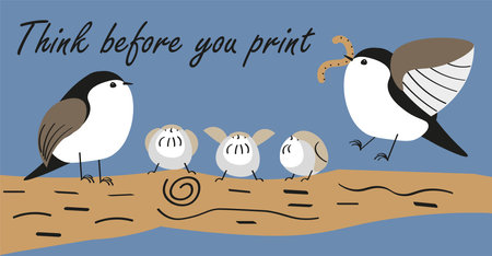 Think before printing. Think before you print text with tree branch and bird family. Colorful line drawn vector illustration.のイラスト素材