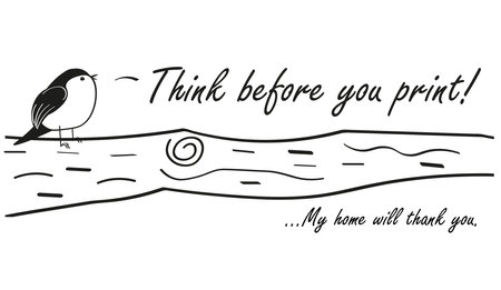 Think before printing. Think before you print text with tree branch and bird. Black and white line drawn vector illustration.のイラスト素材