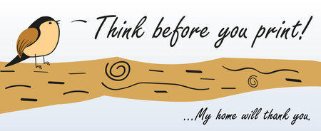 Think before printing. Think before you print text with tree branch and bird. Colorful line drawn vector illustration.のイラスト素材
