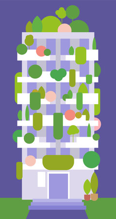 Vertical garden on a modern building. Colorful vector illustration flat design. Futuristic ecological residence with green plants on the balcony. Urban gardeningのイラスト素材