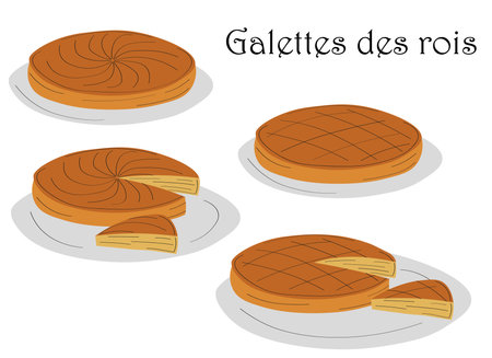 Colored galette des rois, epiphany king cake french vector icon. Drawing, illustration three kings cake with black lines.のイラスト素材