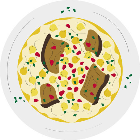 Fatteh Lebanese traditional dish from above. Colorful vector illustration with black lines.のイラスト素材